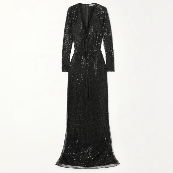 RALPH LAUREN COLLECTION Carmelo embellished tulle gown sleeve black maxi dress